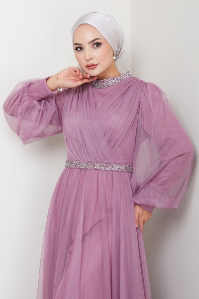 Yaka ve Bel Taş Detaylı Büyük Beden Tesettür Abiye Esna - Lavanta